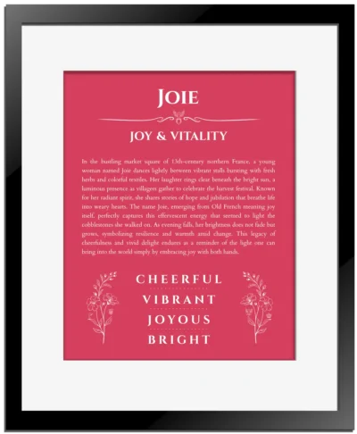 Joie personalized name meaning print in red with black matte frame