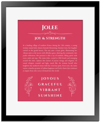 Jolee personalized wall art with the story of your name in red with black matte frame