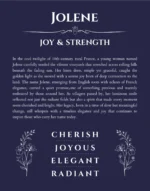 Jolene custom name art showing meaning and origin in navy blue