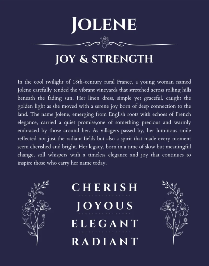 Jolene custom name art showing meaning and origin in navy blue