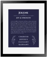 Jolene custom name art showing meaning and origin in navy blue with black matte frame