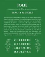 Jolie custom name art showing meaning and origin in dark green