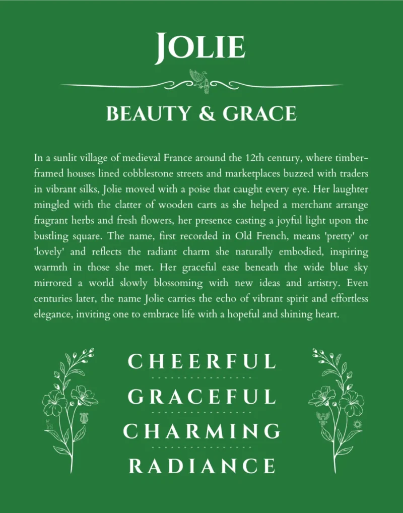Jolie custom name art showing meaning and origin in dark green