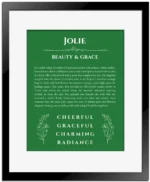 Jolie custom name art showing meaning and origin in dark green with black matte frame