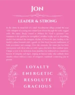 Jon personalized name art with origin story in pink