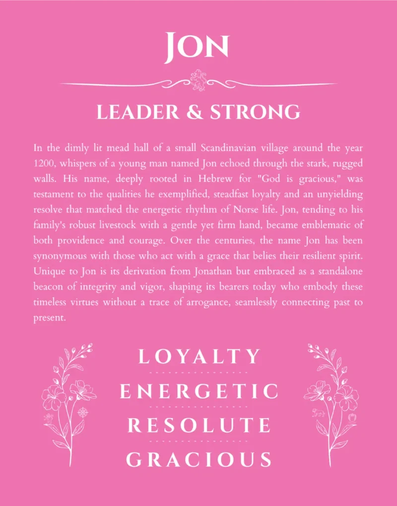 Jon personalized name art with origin story in pink