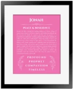 Jonah personalized wall art with the story of your name in pink with black matte frame