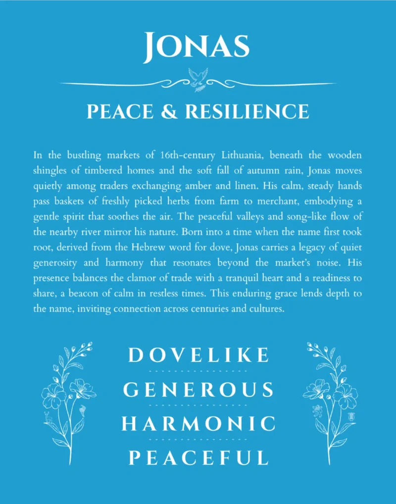 Jonas name origin print with meaning and traits in blue