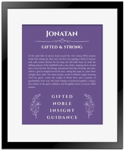 Jonatan custom name art showing meaning and origin in purple with black matte frame