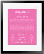 Jonathan personalized wall art with the story of your name in pink with black matte frame