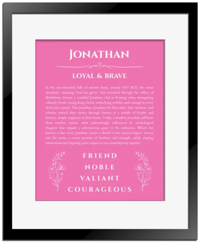 Jonathan personalized wall art with the story of your name in pink with black matte frame