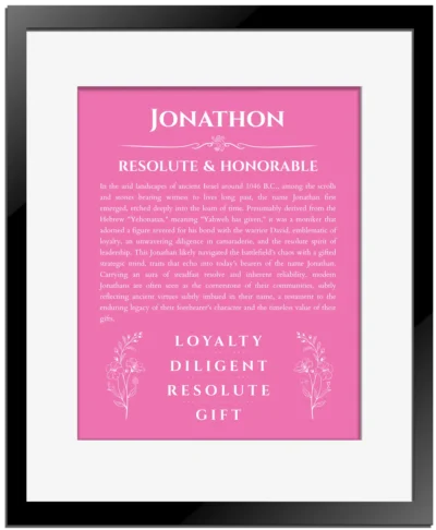Jonathon name meaning wall art by Get Your Story in pink with black matte frame