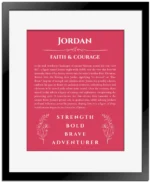 Jordan custom name art showing meaning and origin in red with black matte frame