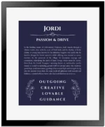 Jordi personalized name art with origin story in navy blue with black matte frame
