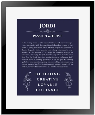 Jordi personalized name art with origin story in navy blue with black matte frame
