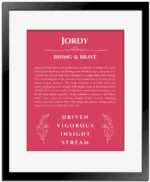 Jordy personalized wall art with the story of your name in red with black matte frame