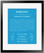 Jordynn name meaning wall art by Get Your Story in blue with black matte frame