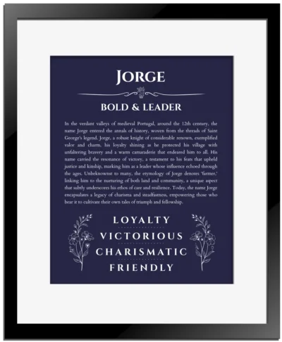 Jorge name meaning gift print in navy blue with black matte frame