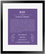 Jose personalized name meaning print in purple with black matte frame