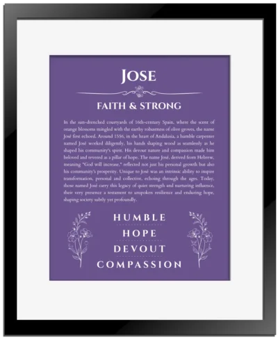 Jose personalized name meaning print in purple with black matte frame