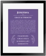 Josefina personalized name art with origin story in purple with black matte frame