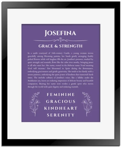Josefina personalized name art with origin story in purple with black matte frame
