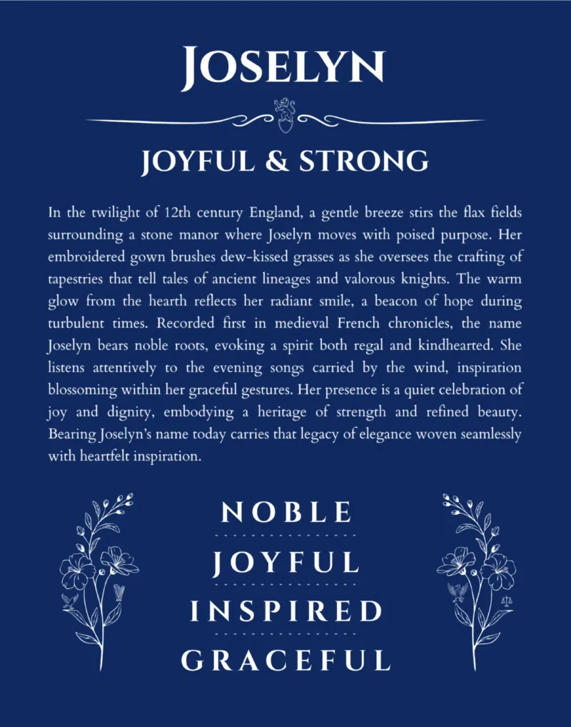 Joselyn personalized name print with origin and traits in deep blue
