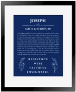Joseph custom name art showing meaning and origin in deep blue with black matte frame