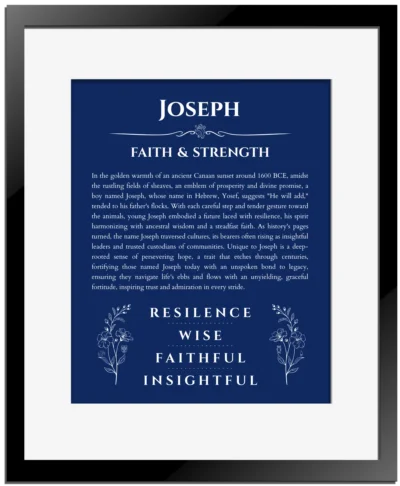 Joseph custom name art showing meaning and origin in deep blue with black matte frame