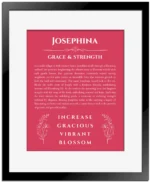 Josephina personalized name art with origin story in red with black matte frame