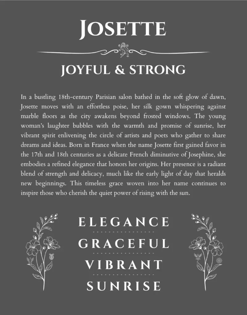 Josette name origin print with meaning and traits in gray