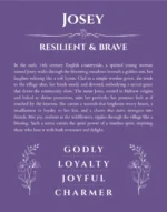 Josey name origin print with meaning and traits in purple