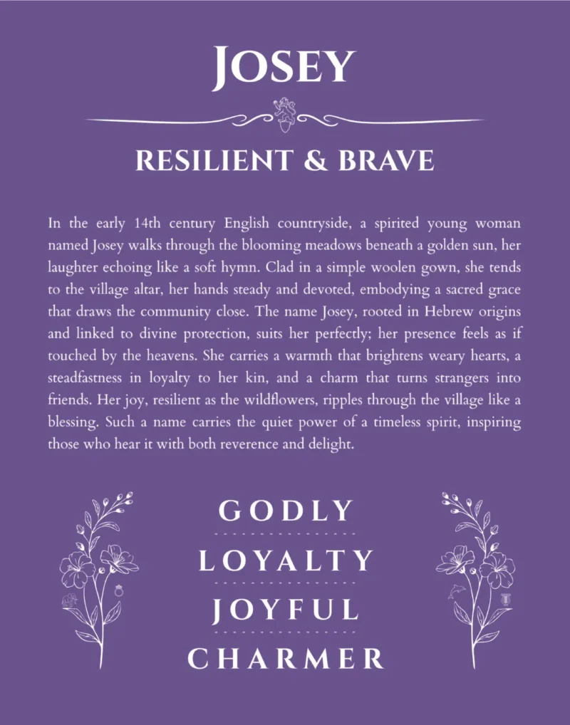 Josey name origin print with meaning and traits in purple