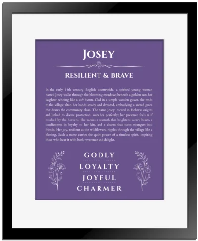 Josey name origin print with meaning and traits in purple with black matte frame