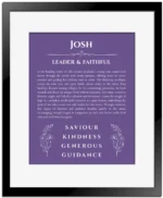 Josh personalized name print with origin and traits in purple with black matte frame