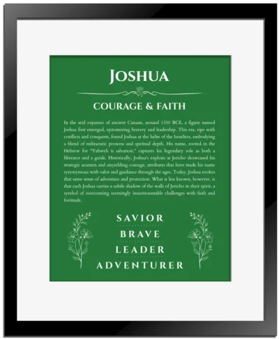 Joshua personalized name print with origin and traits in dark green with black matte frame