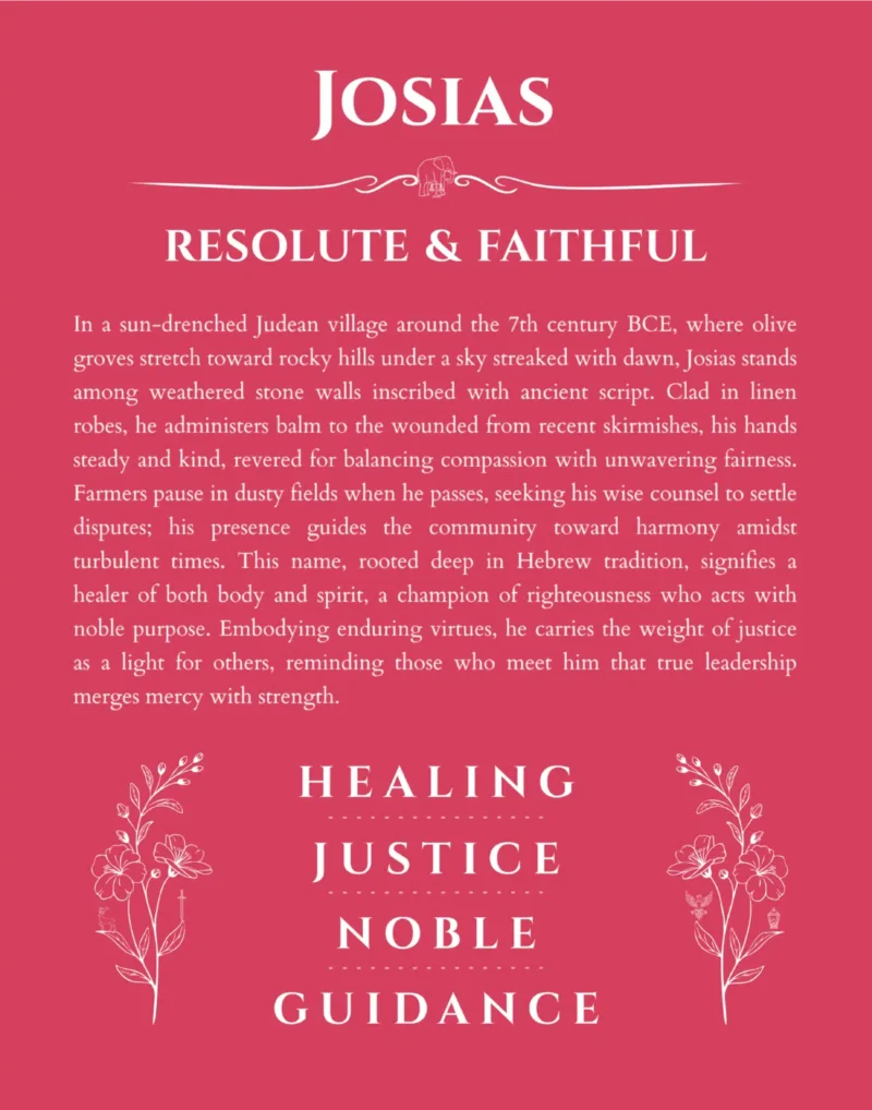 Josias name origin print with meaning and traits in red