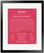Josias name origin print with meaning and traits in red with black matte frame