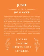 Josie name origin print with meaning and traits in orange
