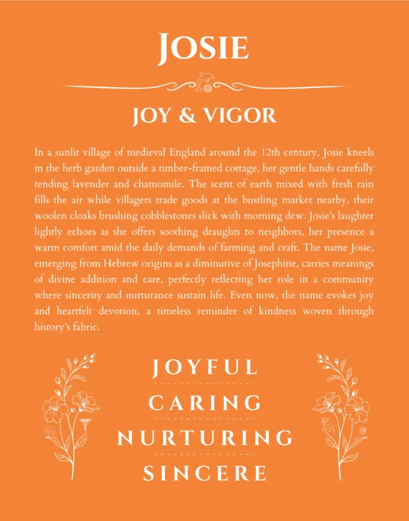 Josie name origin print with meaning and traits in orange