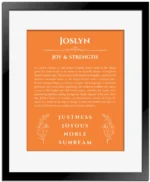Joslyn personalized name meaning print in orange with black matte frame