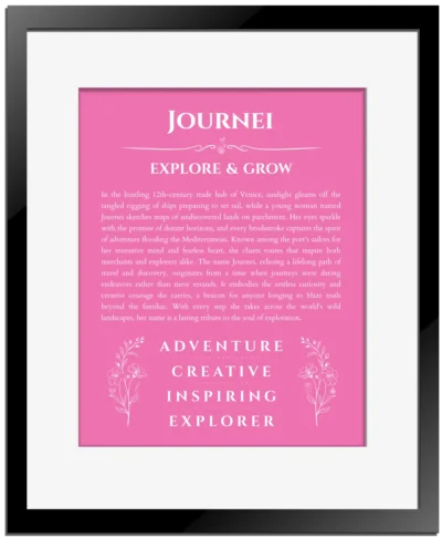 Journei personalized name print with origin and traits in pink with black matte frame