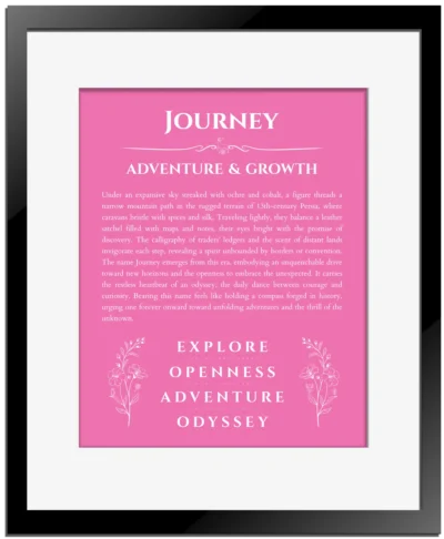 Journey personalized wall art with the story of your name in pink with black matte frame