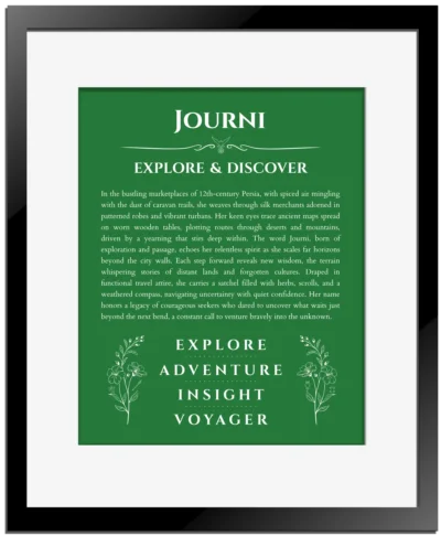 Journi name meaning wall art by Get Your Story in dark green with black matte frame