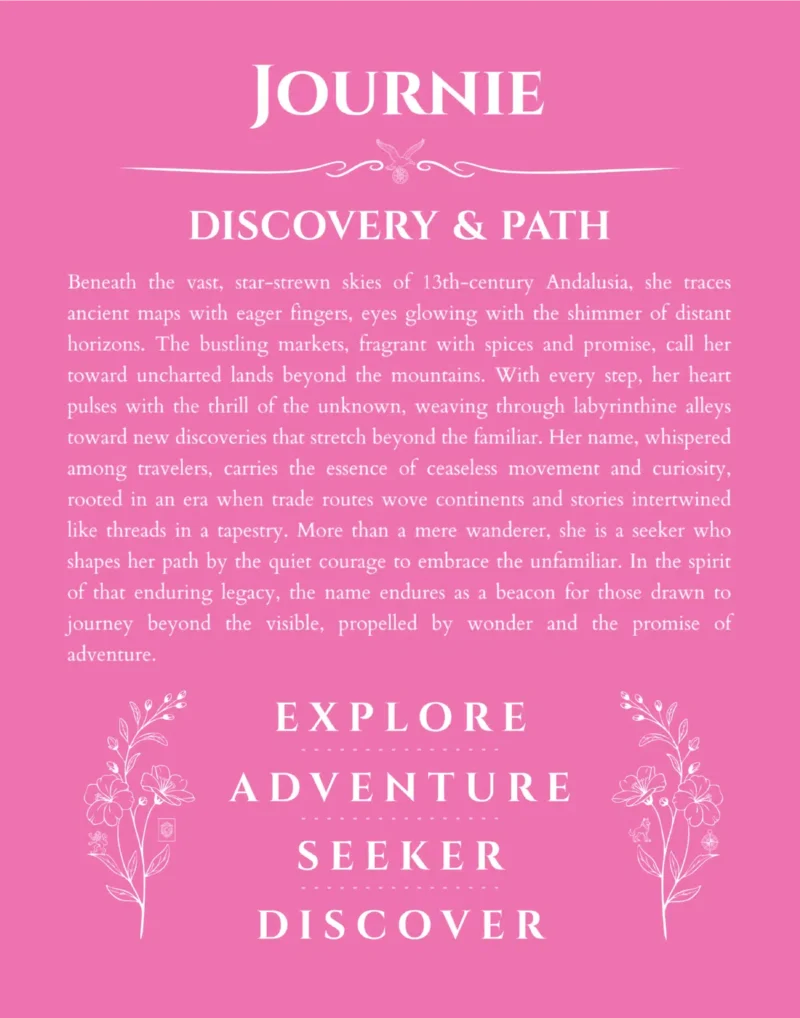 Journie personalized name print with origin and traits in pink