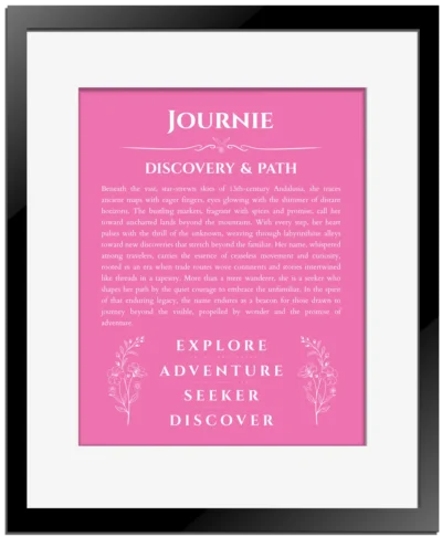 Journie personalized name print with origin and traits in pink with black matte frame