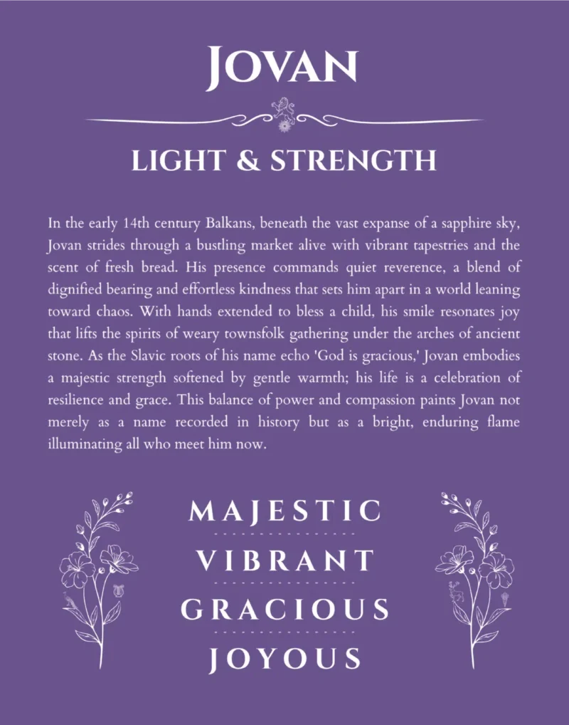 Jovan personalized wall art with the story of your name in purple