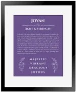 Jovan personalized wall art with the story of your name in purple with black matte frame