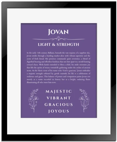 Jovan personalized wall art with the story of your name in purple with black matte frame