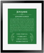 Jovanni personalized wall art with the story of your name in dark green with black matte frame